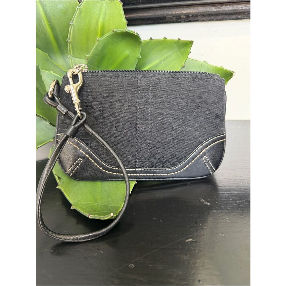 Coach black signature jacquard wristlet pouch clutch mini purse zip top